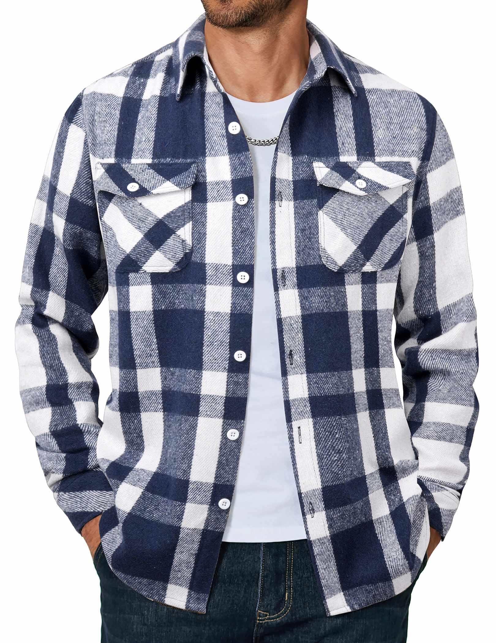 Men Flannel Shirt Casual Button Down Shirt Jacket Long Sleeve Plaid Shirts with Pockets
