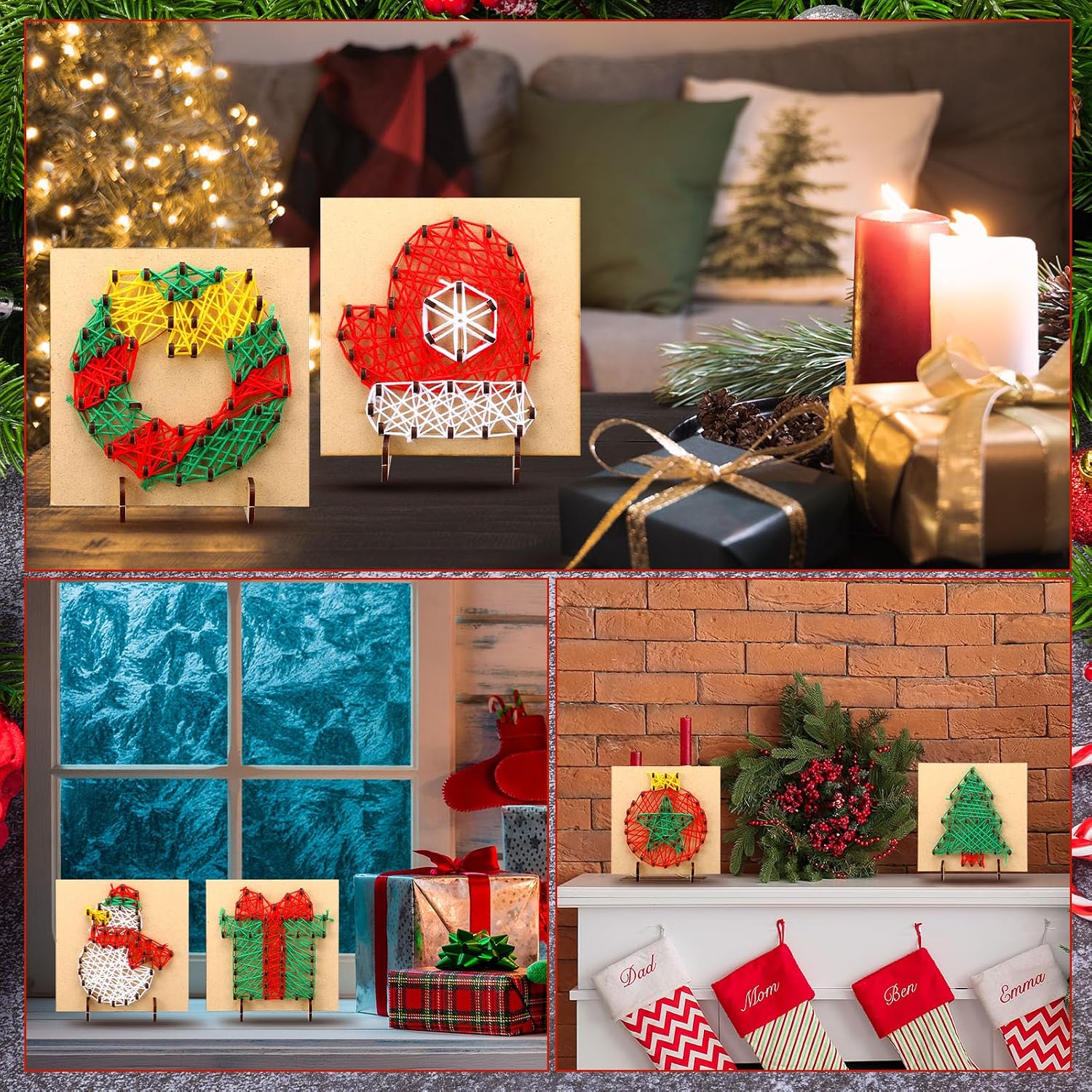 Watersay 6 Pack Christmas String Art Kits DIY Wood Art Craft Accessories Xmas Canvas Boards Make Your Own Home Table Decor Christmas Gift for Beginners Kids Teens Adults