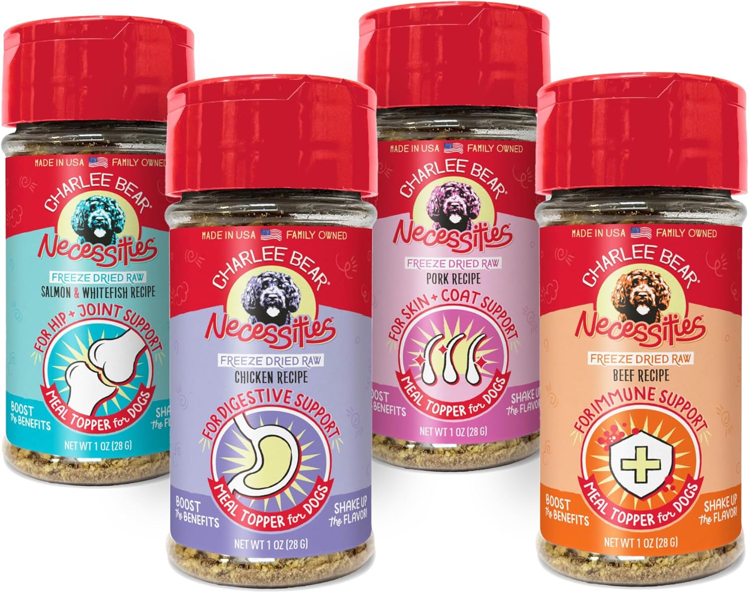 Charlee Bear Necessities Freeze Dried Dog Food Topper Variety Pack, Skin & Coat, Hip & Joint, Digestive & Immune Support, Grain Free, High Protein, 1 oz (4 Pack)