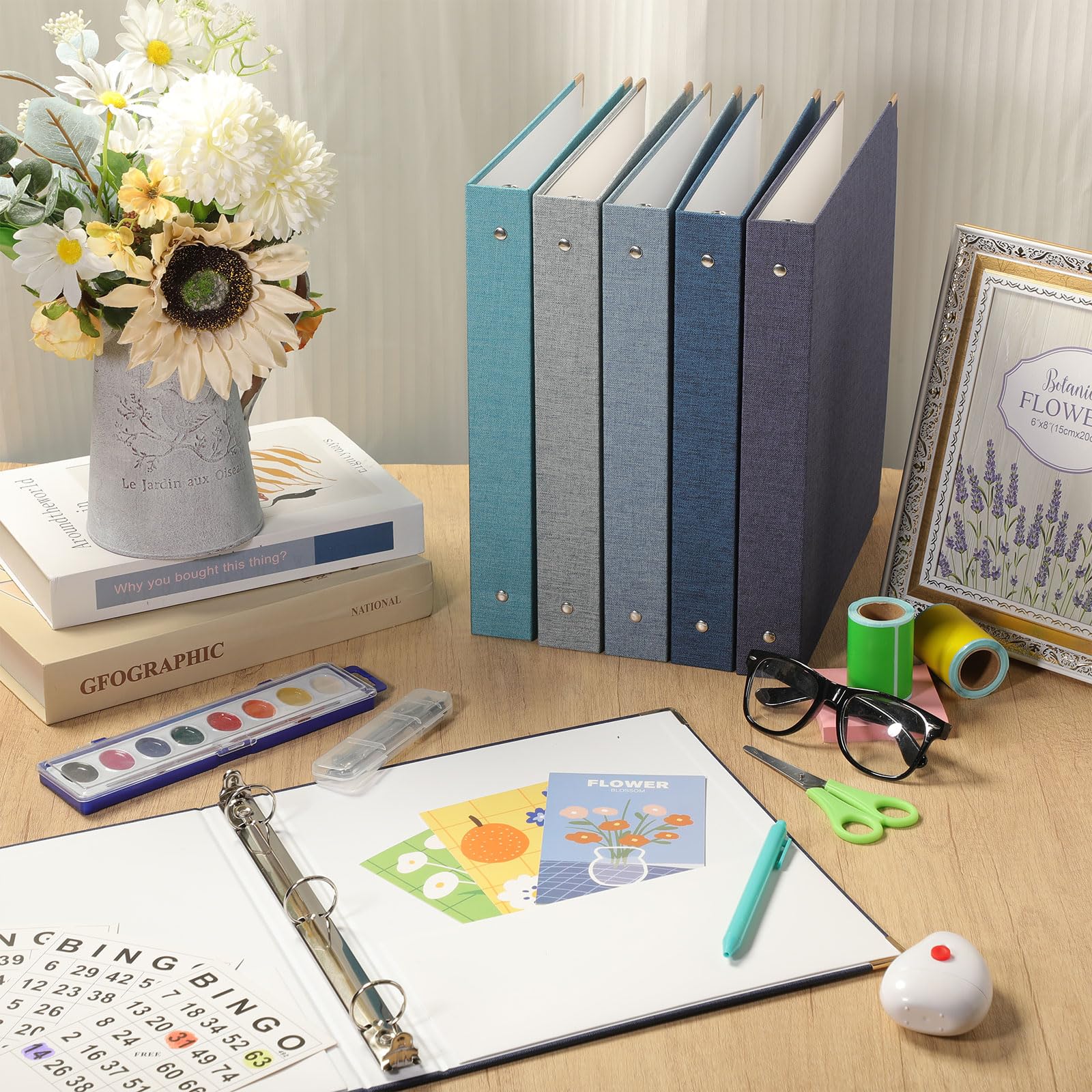 Fulmoon Lot de 6 classeurs esthétiques à 3 anneaux avec couverture en lin de 2,5 cm avec poche intérieure, pour l'école, le bureau et la maison (bleu océan)