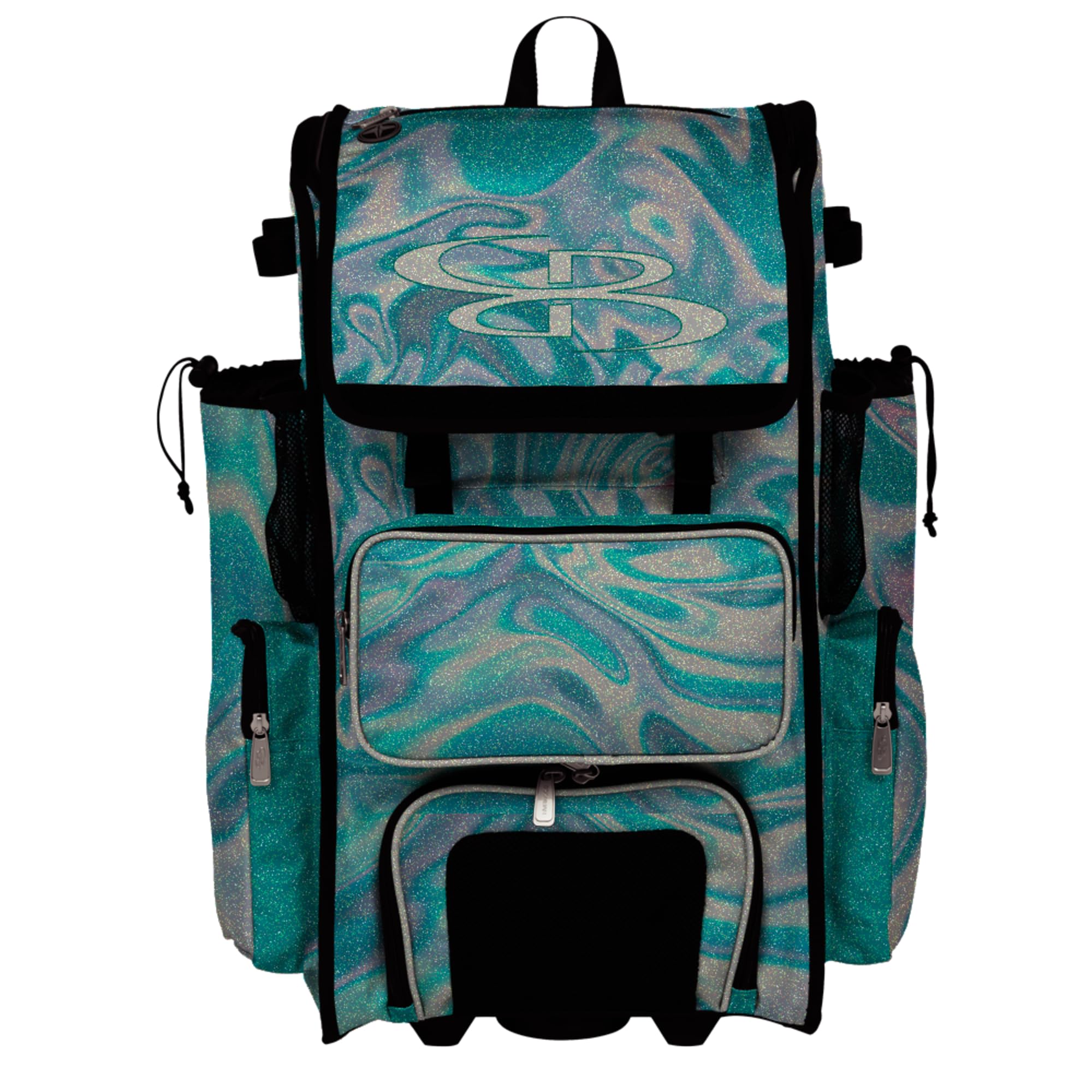 Boombah Rolling Superpack Baseball/Softball Gear Bag - Telescopic Handle - Holds 4 Bats - Wheeled Version - Shake Glitter Aqua/White/Tropical Green