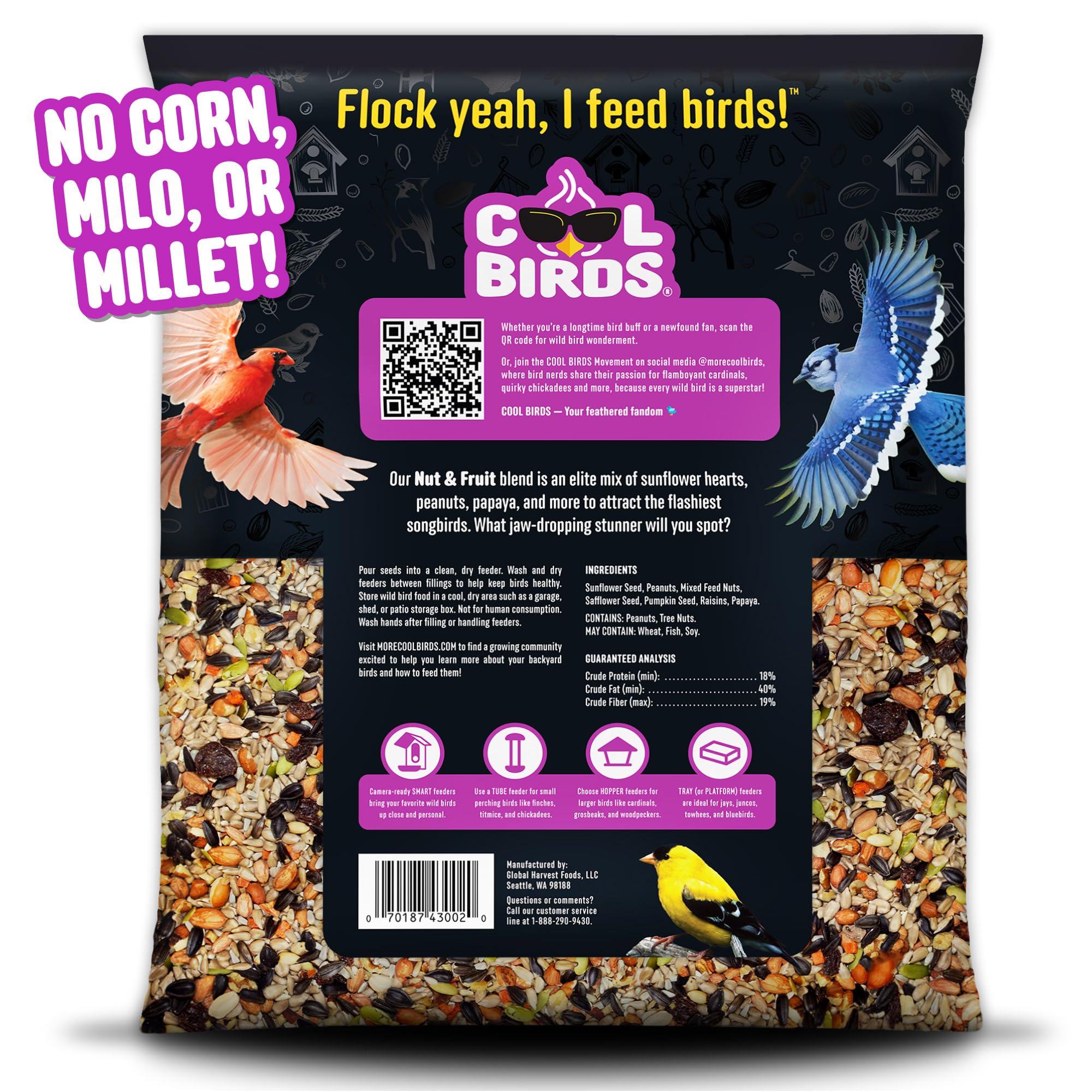 Cool Birds Nut & Fruit - Semi per uccelli selvatici, 4,5 kg, cibo per uccelli gourmet con cuori di girasole, arachidi, noci e frutta vera, senza mais, milo o miglio, per mangiatoie esterne