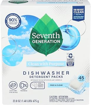 Dishwasher Detergent Packs, Free & Clear, 45 Packs, 23.8 oz (675 g), Seventh Generation