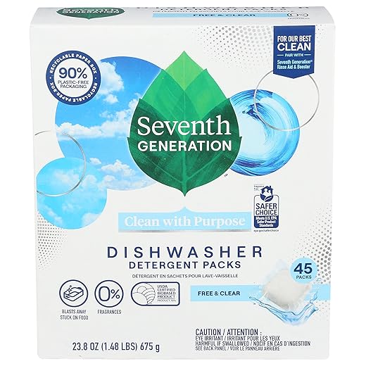 Seventh Generation Dishwasher Detergent Packs Free & Clear for sparkling dishes Dishwasher tabs 45 count