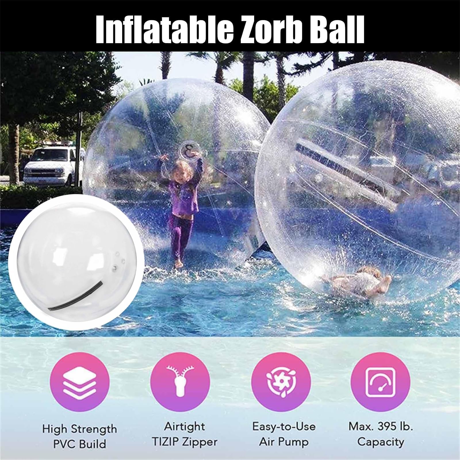 Bola Inflable para Caminar sobre el Agua, Bola Inflable para Hámster Humano con Bomba de Aire, Cremalleras Impermeables y Sellos Reforzados, Bola Zorb Transparente para Actividades en la Piscina y El