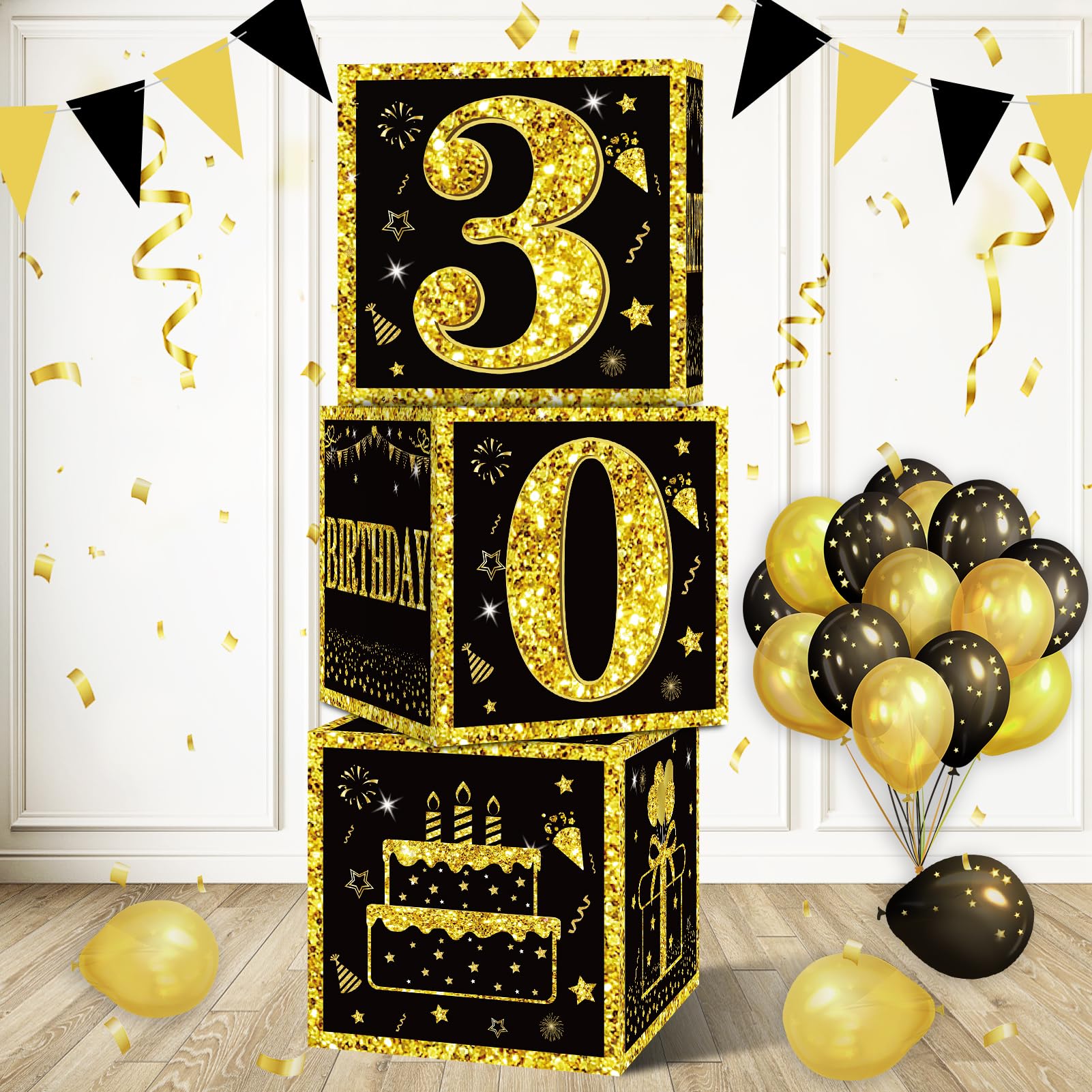 Eiurteao 3pcs 30th Birthday Decorations Boxes for Men Women, Black Gold Happy 30 Birthday Balloons Boxes Party Supplies, 30 Year Old Bday Theme Cardboard Box