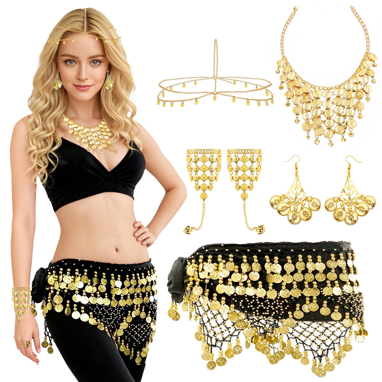 Baisdan 7 Pcs Belly Dance Jewelry Set, Belly Dance Hip Scarf with Gold Coins, Head Chain, Necklace, Earrings, Bracelets Accessories for Halloween Carnival Cosplay — image 1