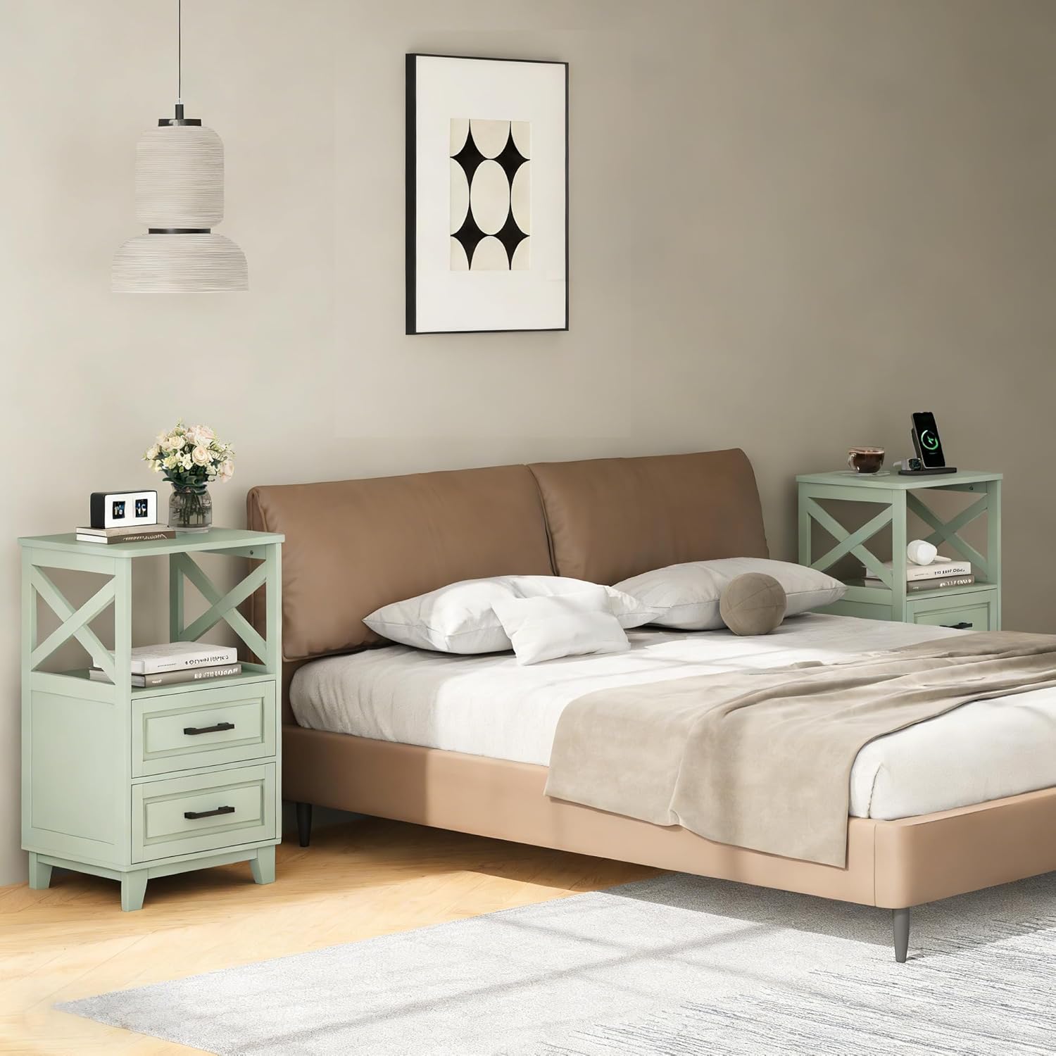 RoyalCraft 30" Tall Nightstand, Modern Painted Bedside Table with 2 Drawers and Open Shelf, Wood Side Table for Bedroom, Home Office, Green-Open Shelf Above, Set of 1