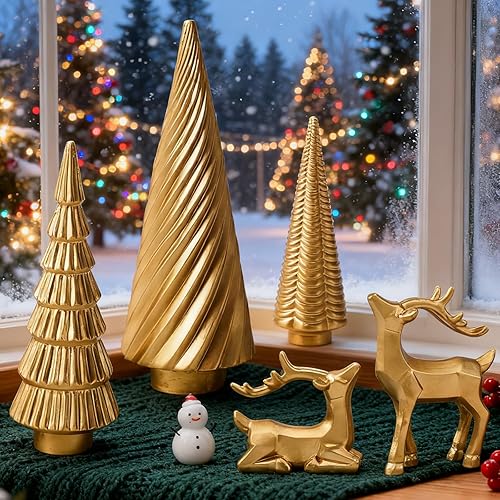 Miniatura 2 de WDS WONDROUS Decoración navideña de renos y mini árboles dorados, estatuas de reno de resina y figuras de árbol de Navidad para decoración interior
