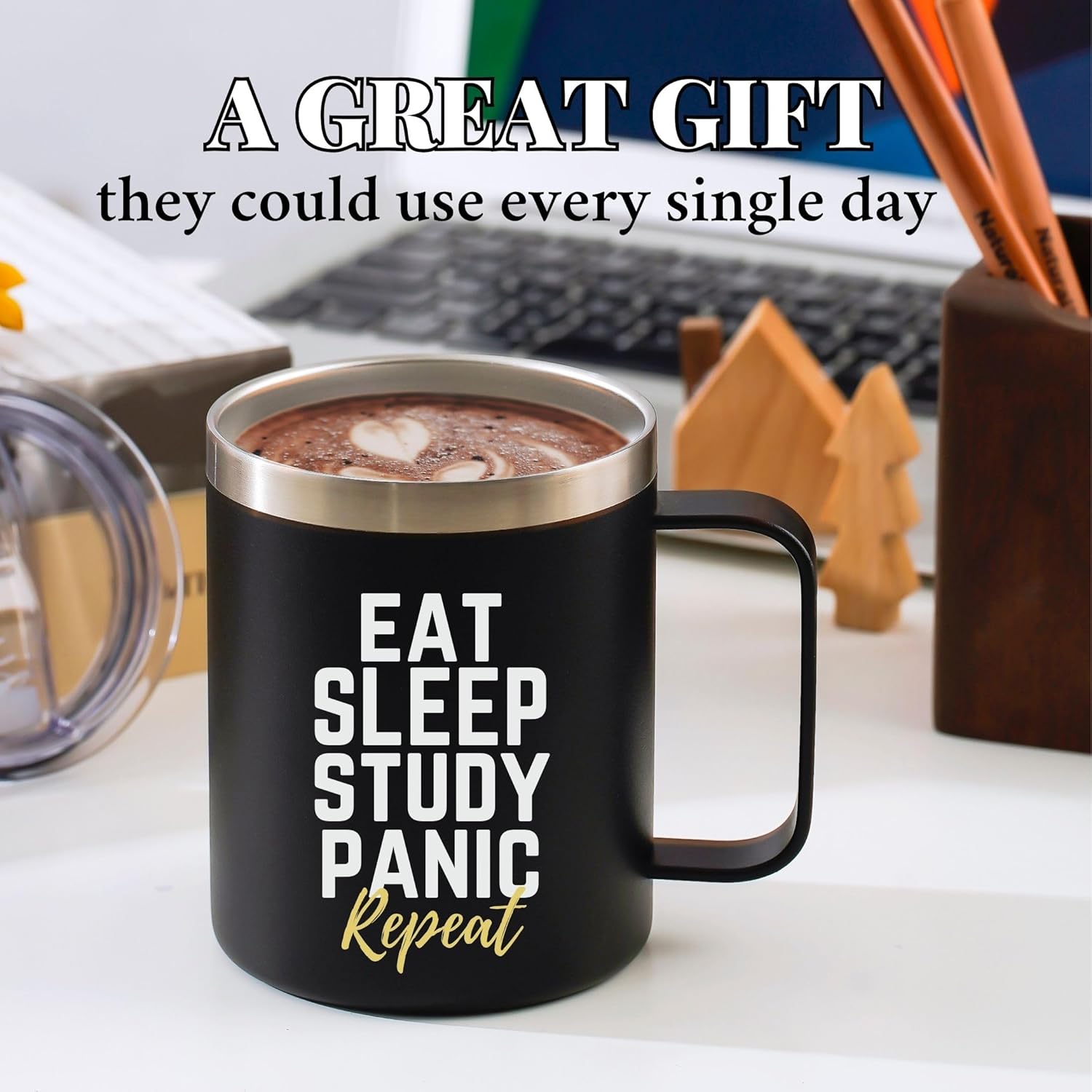 Onebttl Funny College Student Gifts Coffee Mug, School Student Gifts 12oz/350ml Stainless Steel Coffee Cup with Lid for Christmas, Birthday - Eat Sleep Panic Repeat - Image 4