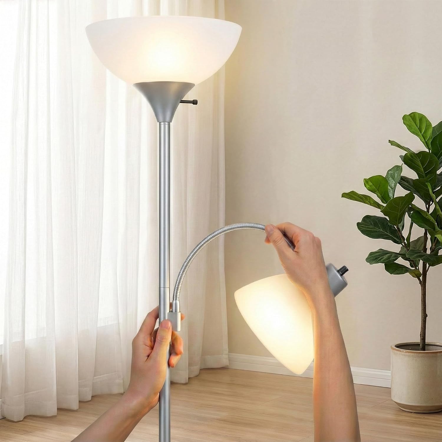 Brightech Sky Dome Plus LED Floor lamp, Torchiere Super Bright Floor Lamp with Reading Lamp for Living Rooms & Offices - Dimmable Tall Standing Lamp for Bedroom Reading - Silver