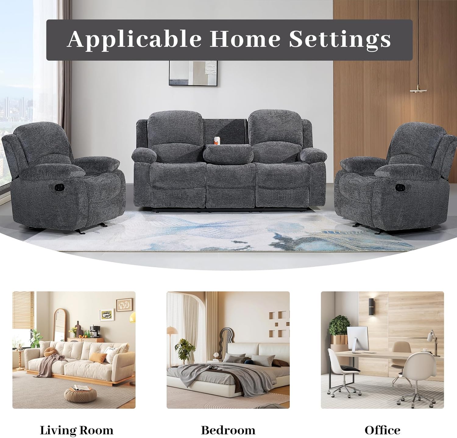 Betsy Furniture Soft Microfiber Reclining Sofa Set, Drop Down Table, Cupholder Console, Living Room Set, Sofa Loveseat Glider Chair 8018M (Dark Grey, Sofa+Loveseat+Chair)
