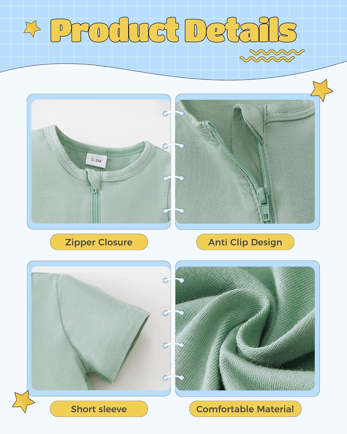 Newborn Baby Boy Clothes Summer Infant Boy Outfits Dinosaur Short Sleeve Zipper Rompers Jumpsuits Bodysuit 2 Pack - Image 4