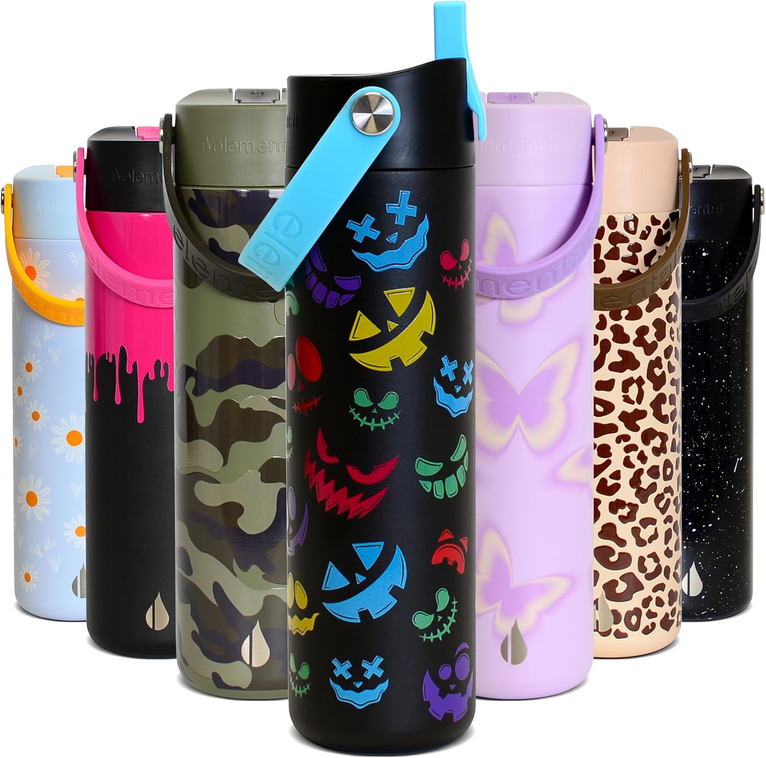 Elemental 24oz Insulated Water Bottle with Straw - 100% Leak-Proof Stainless Steel Core Water Bottles for Travel, Sports and Gym - Double Wall Insulation & BPA Free - Pumpkin Grins