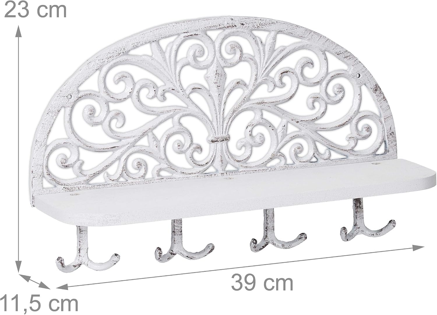 Relaxdays Hallway Coat Rack with Shelf, Antique Design, 4 Double Hooks, Keys, Cast Iron, HWD: 23x39x11.5 cm, White, Wood, Pack of 1 image 4
