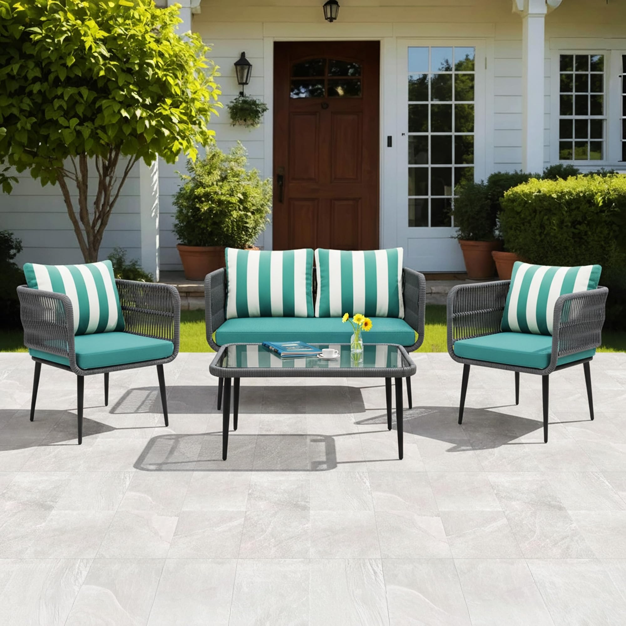 DEVOKO Arden Outdoor Rope 4-Seater Sofa Set with Glass Top Table & Water-Resistant Cushions, Durable Metal Frame, Handwoven Rope Furniture for Garden, Patio, Pool Deck & Balcony (Grey & Blue Hosta)