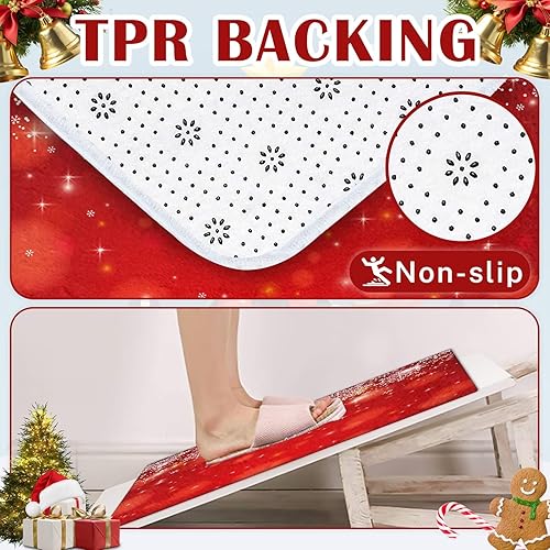 Miniatura 4 de ArtSocket Juego de 2 alfombras y tapetes de baño de Navidad, antideslizantes, bola roja de copo de nieve, tapete de baño de microfibra absorbente de