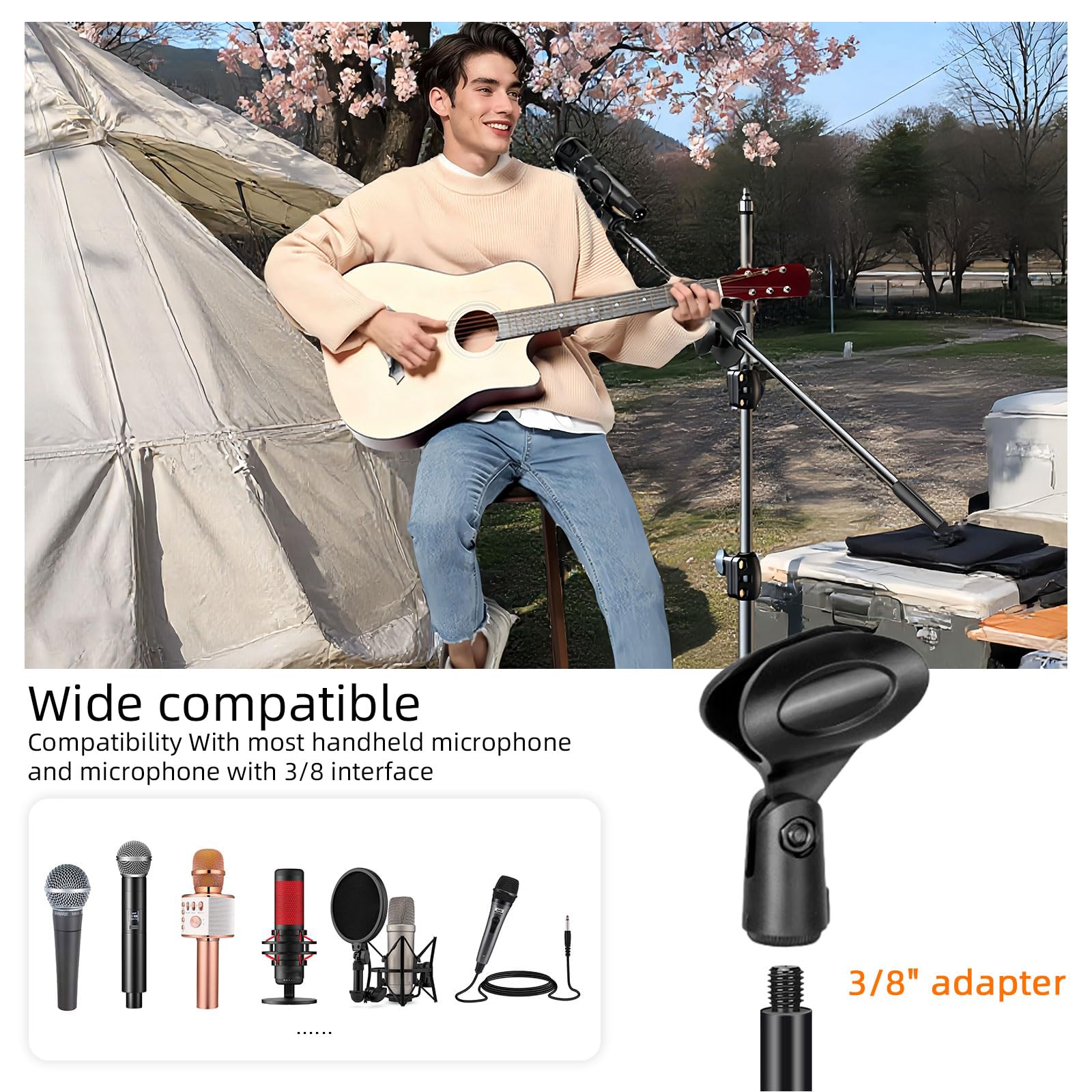 Support de Microphone de bureau Support de Microphone de Table Multifonctionnel réglable avec Clip de Microphone,Clip de Téléphone portable,Adaptateur métallique (Long Stand 2.1M)