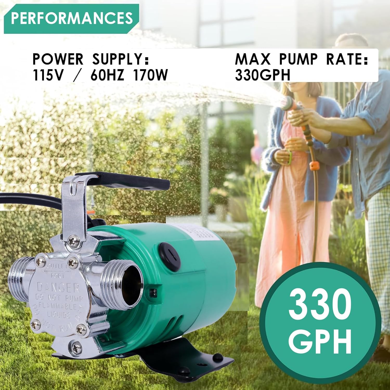 Water Transfer Pump, 115V 330 Gallon Per Hour - Portable Electric Utility Pump with 6' Water Hose Kit - To Remove Water From Garden, Hot Tub, Rain Barrel, Pool, Ponds, Aquariums, and More