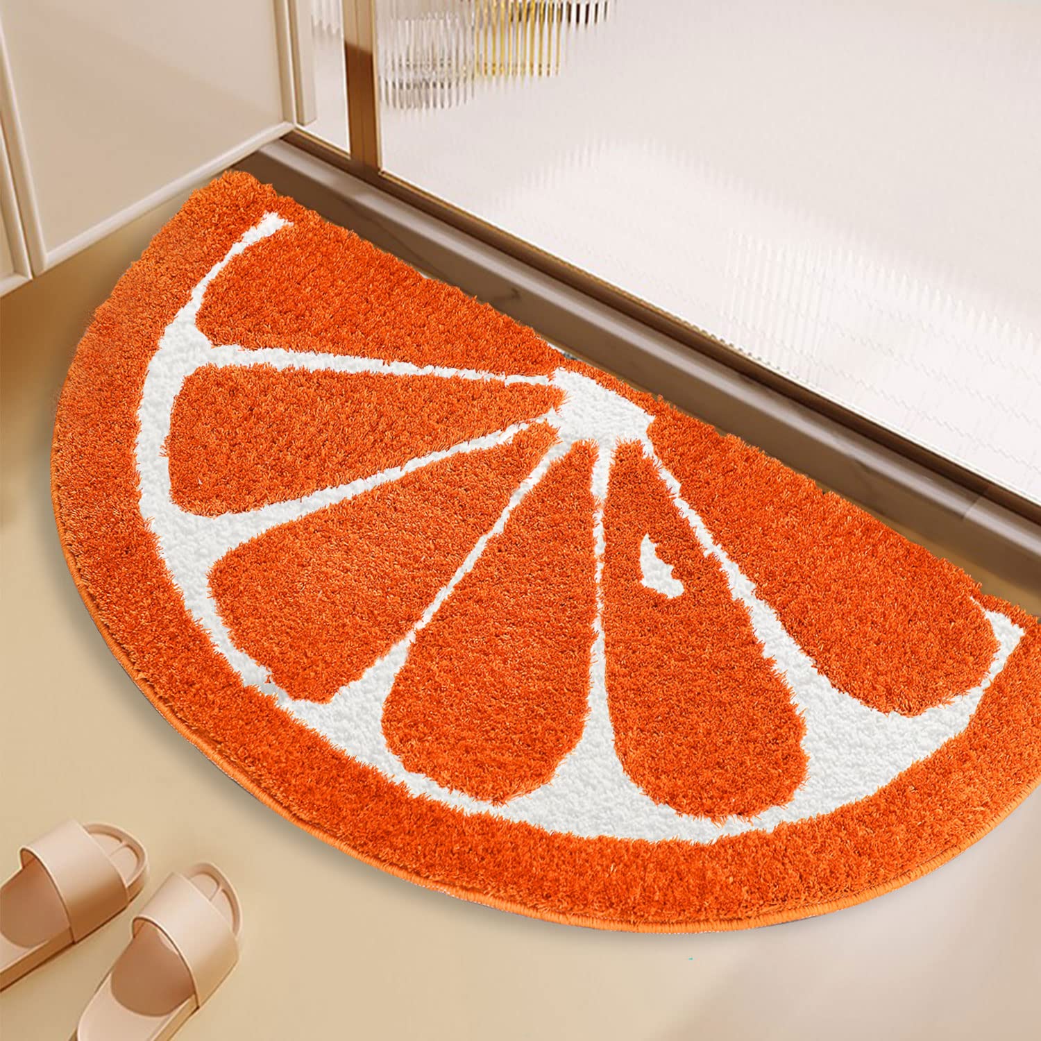 AKTHA Semicircle Bathroom Mat, Home Entrance Rug, Absorbent Anti-Slip Shower Mat, Fluffy Hairy Bathroom Rug Machine Washable (Orange, 16X30)