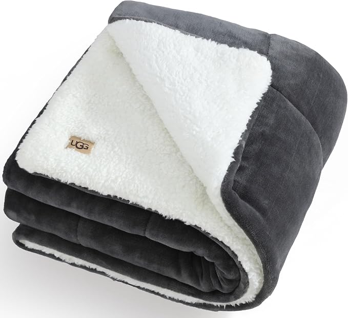 UGG Nita Throw Blanket Soft Reversible Plush Throw for Couch or Bed Cozy Fuzzy Warm Fluffy Blanket for Living Room or Cute Bedroom Decor Down Alternative Washable, 50-inch x 70-inch, Charcoal Grey