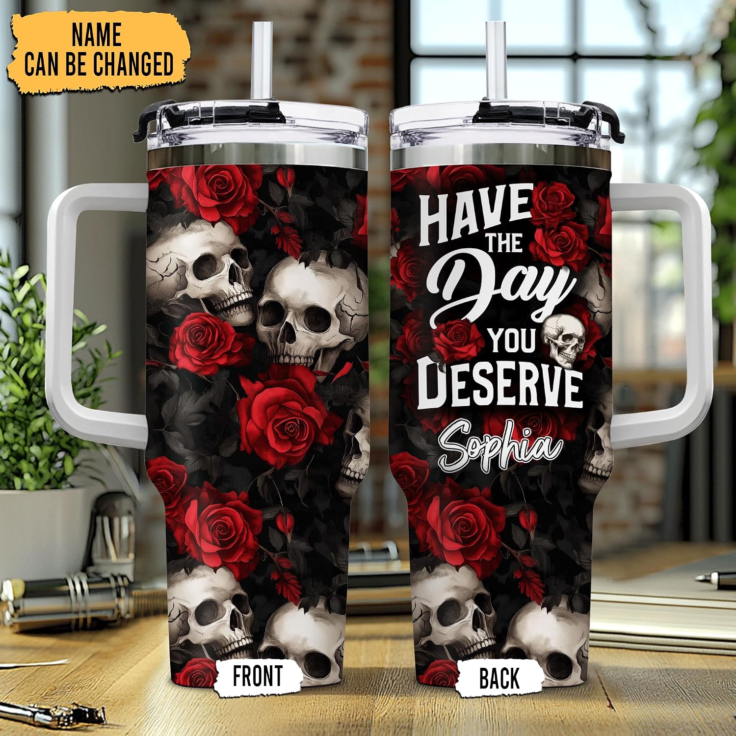 Hyturtle Personalized Skull 40oz Tumbler with Handle and Straw Gifts For Skull Lovers, Skulls Gifts For Women, Birthday Gift Idea Roses Custom Name Insulated Stainless Steel Travel Cup With Lid