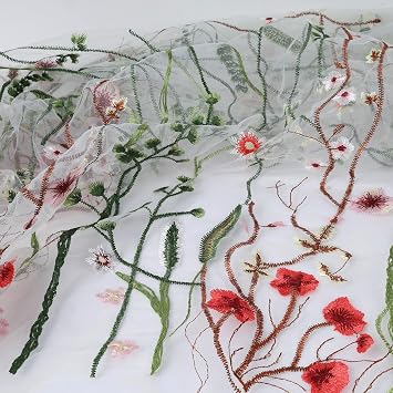 Exquisite Floral Embroidered Lace Fabric Flower Plant Tulle for Sewing Dress Gown Overlay Curtain Embellishment, 60 Inch Wide 2 Yards Precut, White Background