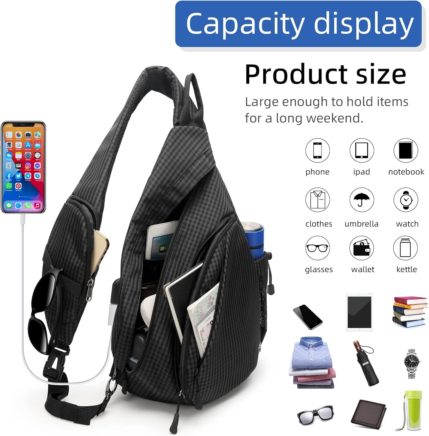 TurnWay Water-Proof Sling bag/Crossbody Backpack/Shoulder Bag with USB Charging Port for Travel, Hiking, Cycling, Camping
