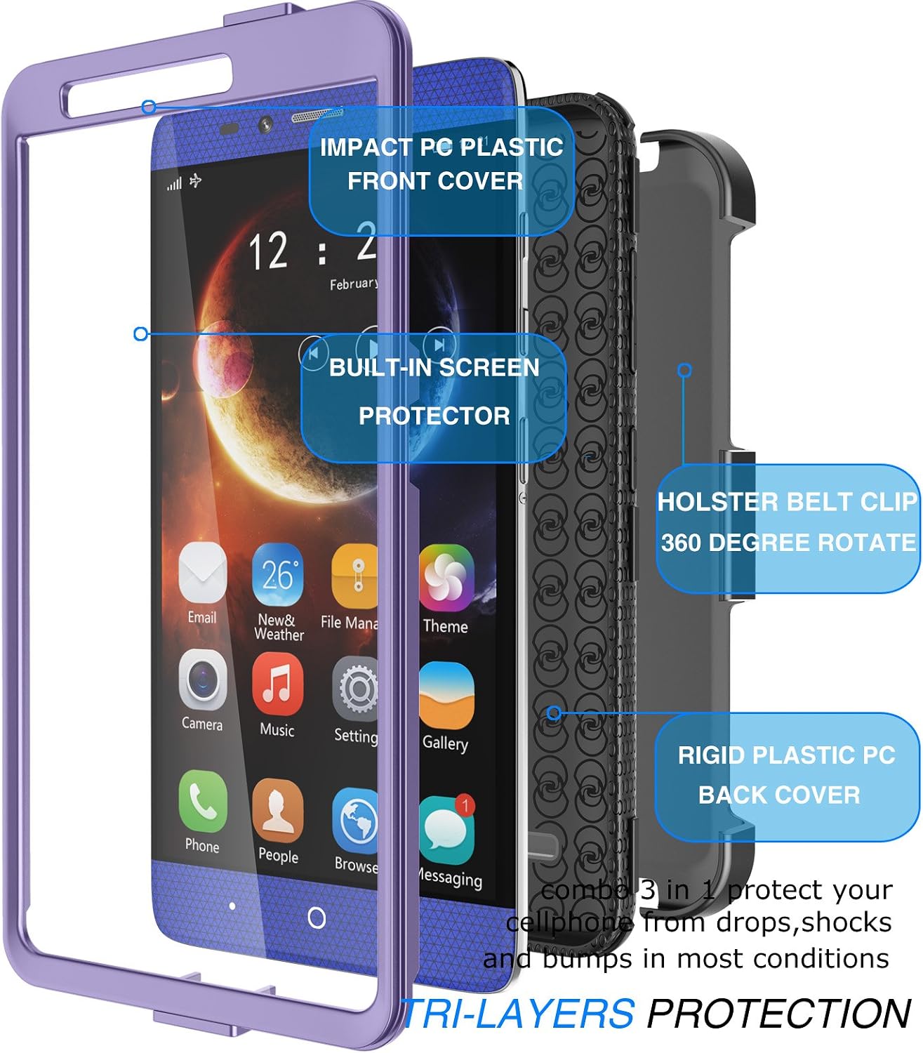 ZTE Zmax Pro Case, ZTE Carry Case, Tekcoo® [TShell] [Built-in Screen] Holster Locking Belt Clip Defender Kickstand Case Cover for ZTE Zmax Pro/Carry Z981 -Lavender