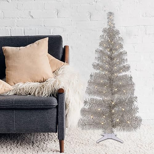 Miniatura 7 de Juegoal Árbol de Navidad artificial preiluminado de 4 pies, árbol de abeto de pino con 70 luces LED blancas cálidas, 8 modos de iluminación y