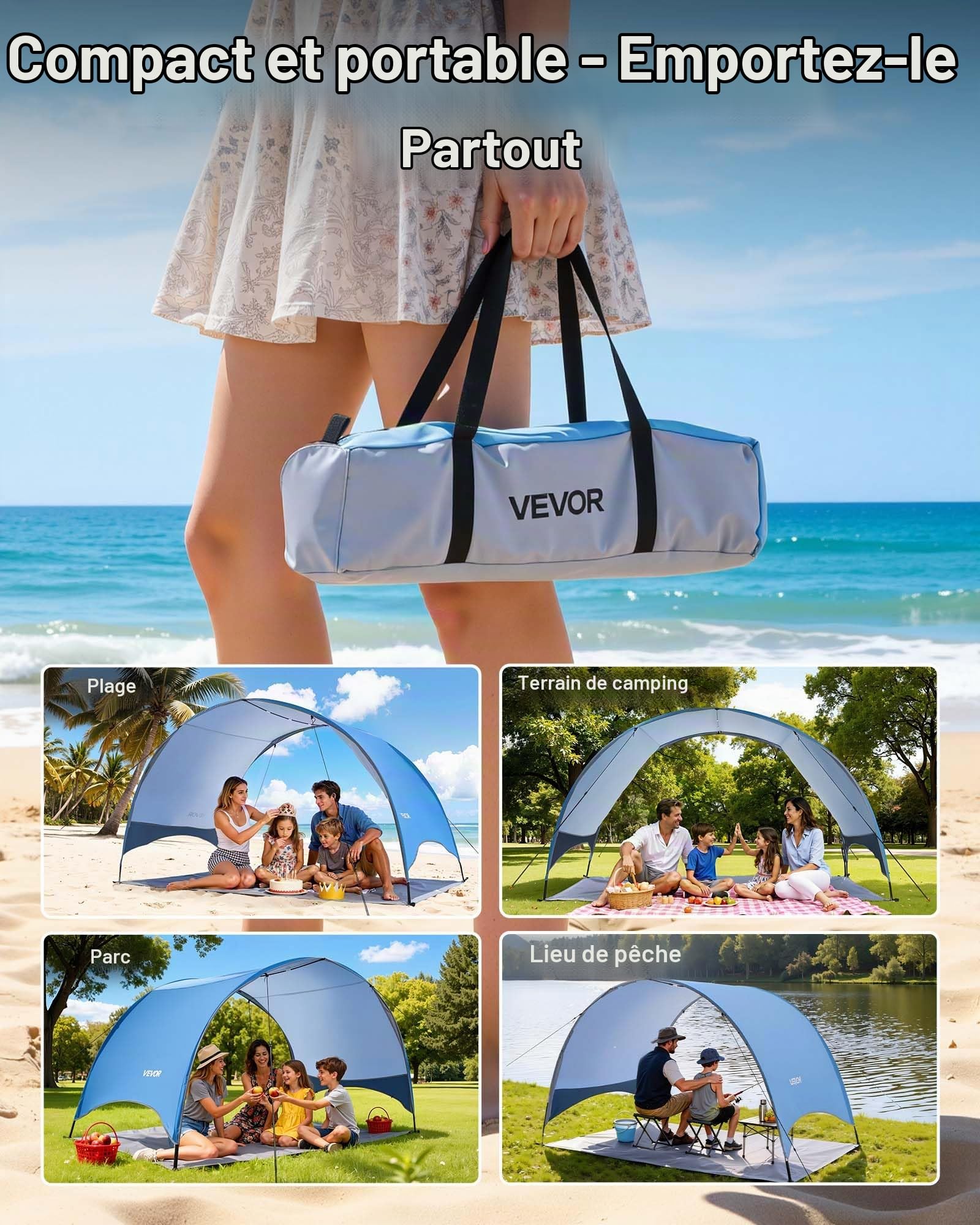 VEVOR Tente de Plage pour 4 Personnes, Abri de Plage Portable, pour Camping Pêche Pique-niques en Plein Air, Auvent Anti-UV Protection UPF 50+, Abri Soleil Léger avec Sac de Transport et Piquets
