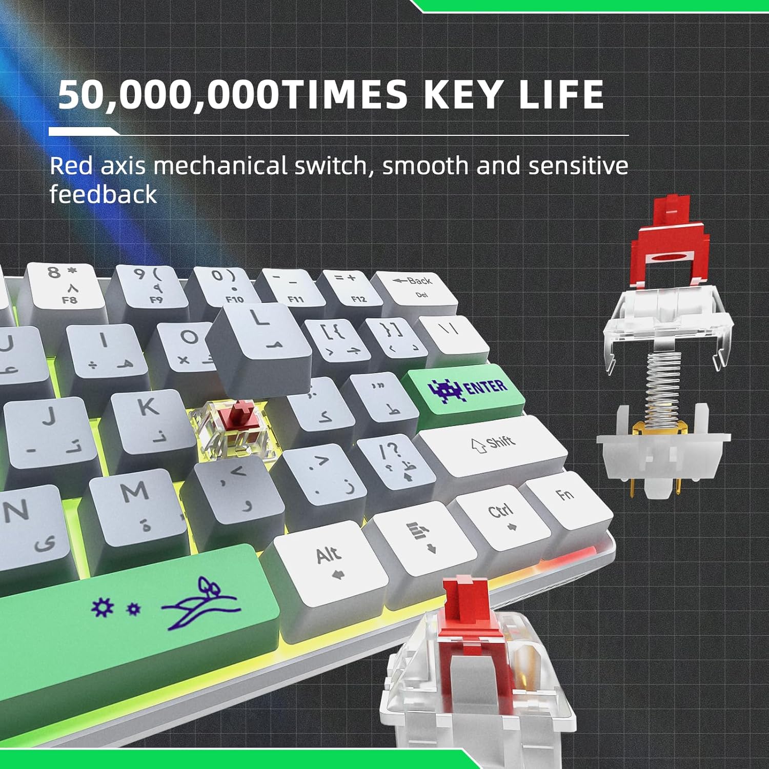 Close-up of a red axis mechanical switch and keyboard key life