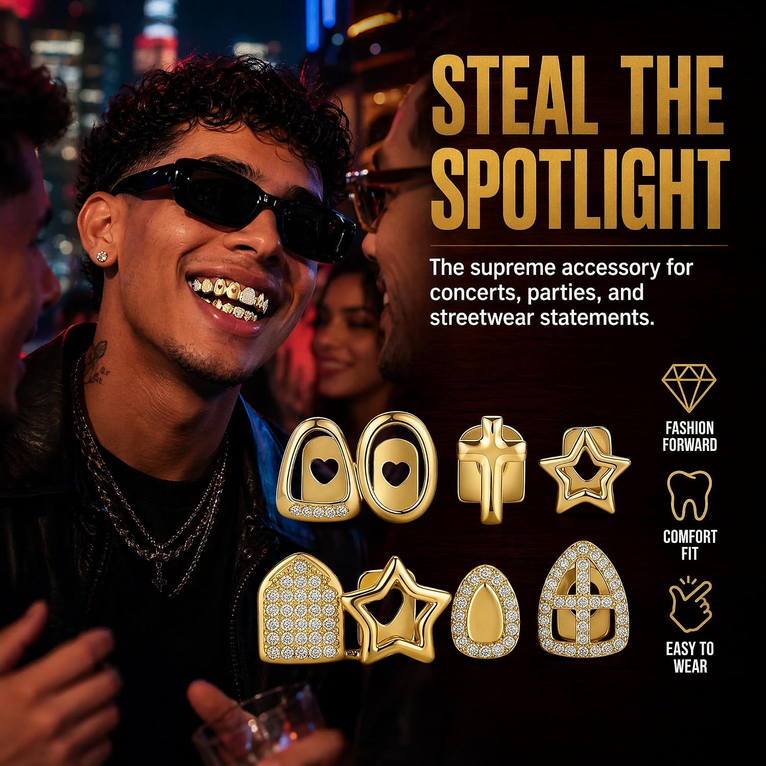 6Pcs Gold Grills for Your Teeth Single Tooth Grillz with Diamond Style Design Fake Gold Plated Dental Cap Jewelry Kit for Men Women Hip Hop Mouth Accessories with Molding Bars