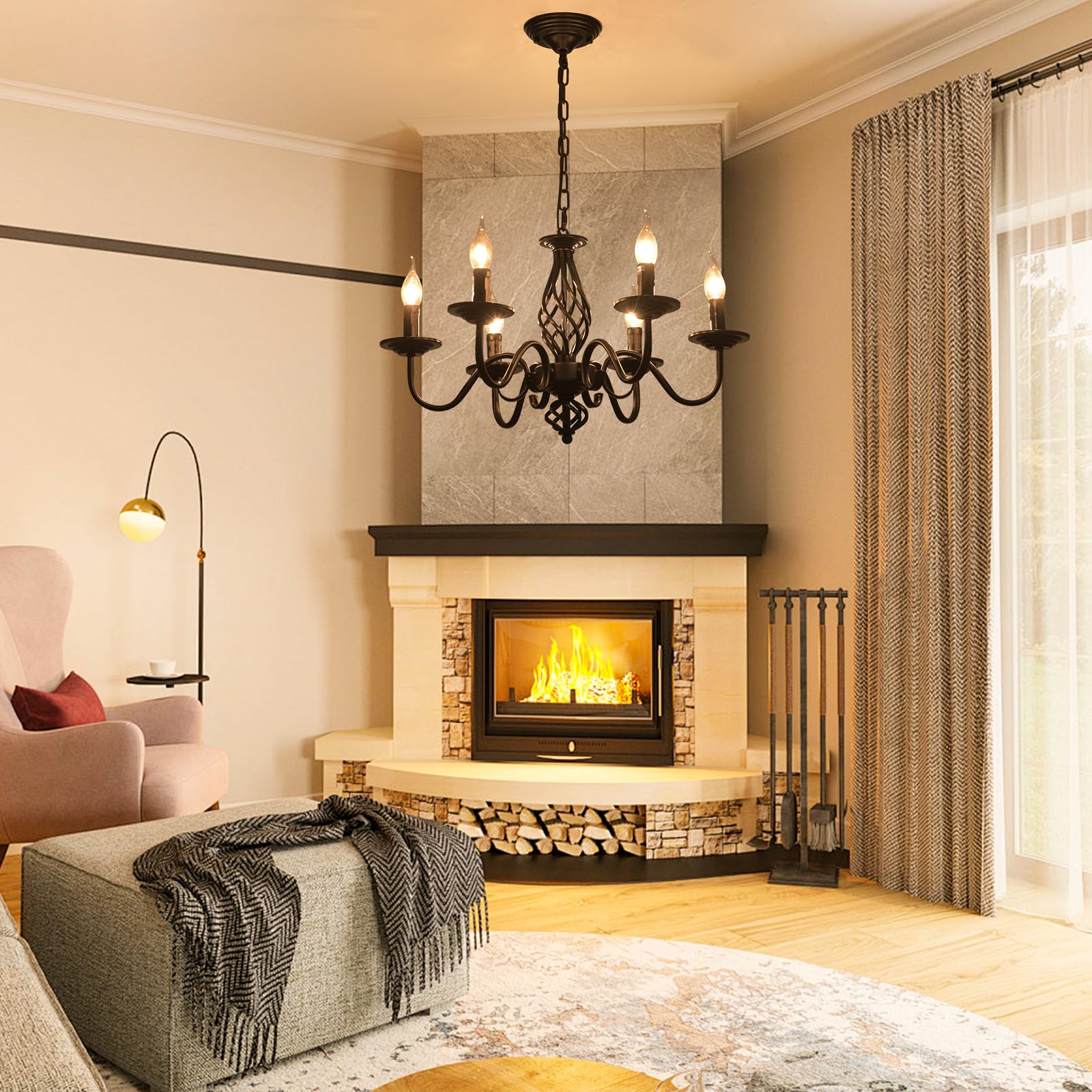 Lámpara de araña tradicional country, candelabro de hierro forjado ajustable en altura vintage negro, lámpara de techo de 6 luces lámpara colgante clásica para cocina, comedor, sala de estar
