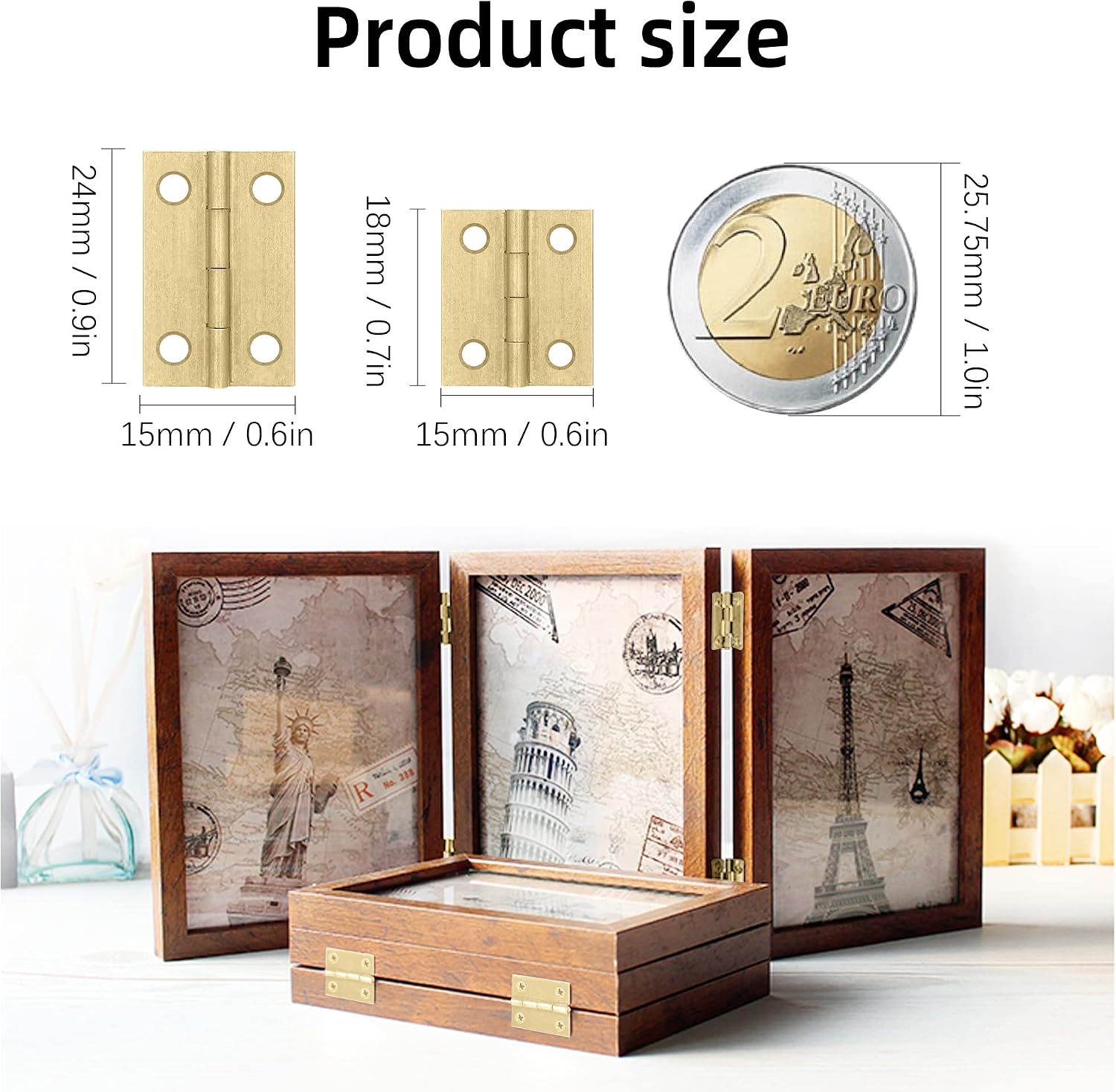 VIPMOON 70PCS Small Hinges for Wooden Box with 300 Tiny Screws, Mini Gold Folding Butt Hinges, for DIY Crafts/Retro Jewelry Box, 2 Sizes image 2