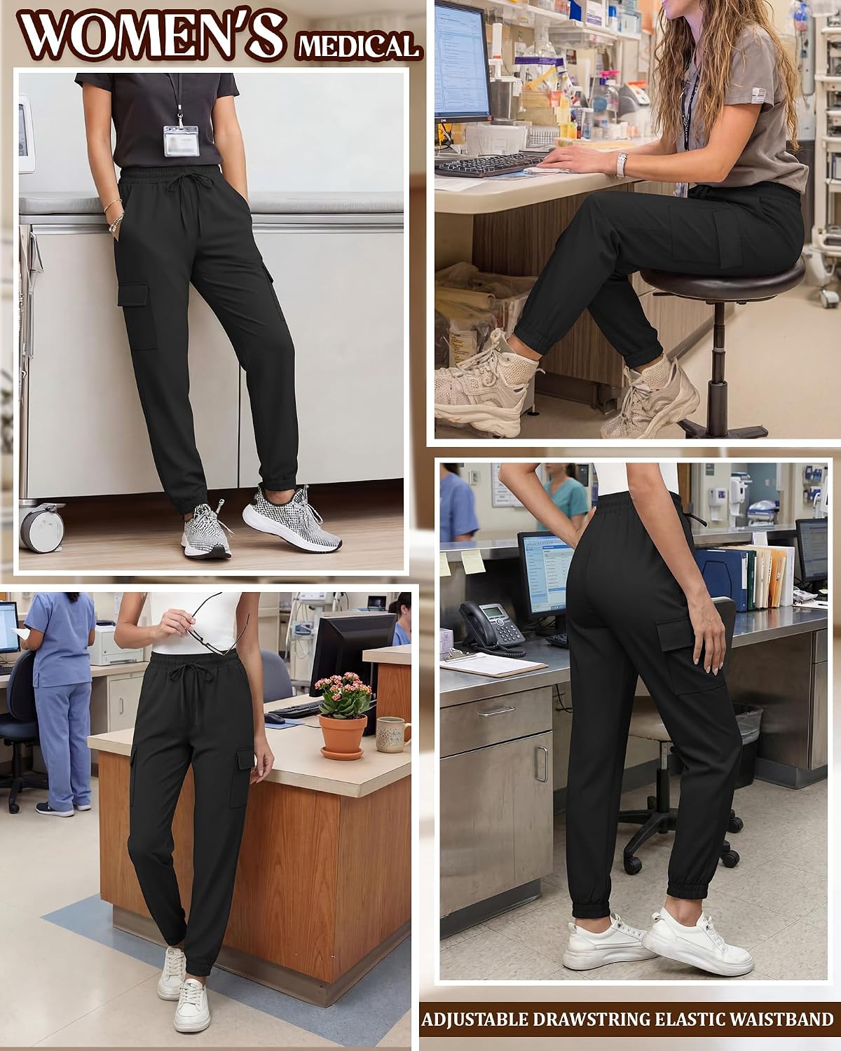 Women's Scrubs Pants Stretchy Cargo Joggers Drawstring Elastic Waist Yoga Slim Fit Medical Bottoms with 4 Pockets