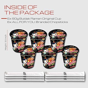 Buldak Ramen Noodles - Original Flavor - Cup 6 Pack - Spicy Ramen Noodles Buldak Ramen Korean Spicy Hot Chicken Stir-Fried Cup Noodles Bundle with 6 ALL.FOR.YOU. Branded Chopsticks