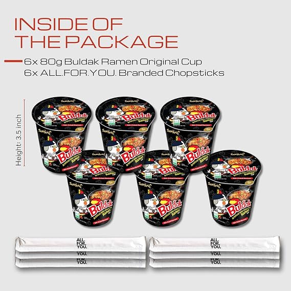 Buldak Ramen Noodles - Original Flavor - Cup 6 Pack - Spicy Ramen Noodles Buldak Ramen Korean Spicy Hot Chicken Stir-Fried Cup Noodles Bundle with 6 ALL.FOR.YOU. Branded Chopsticks