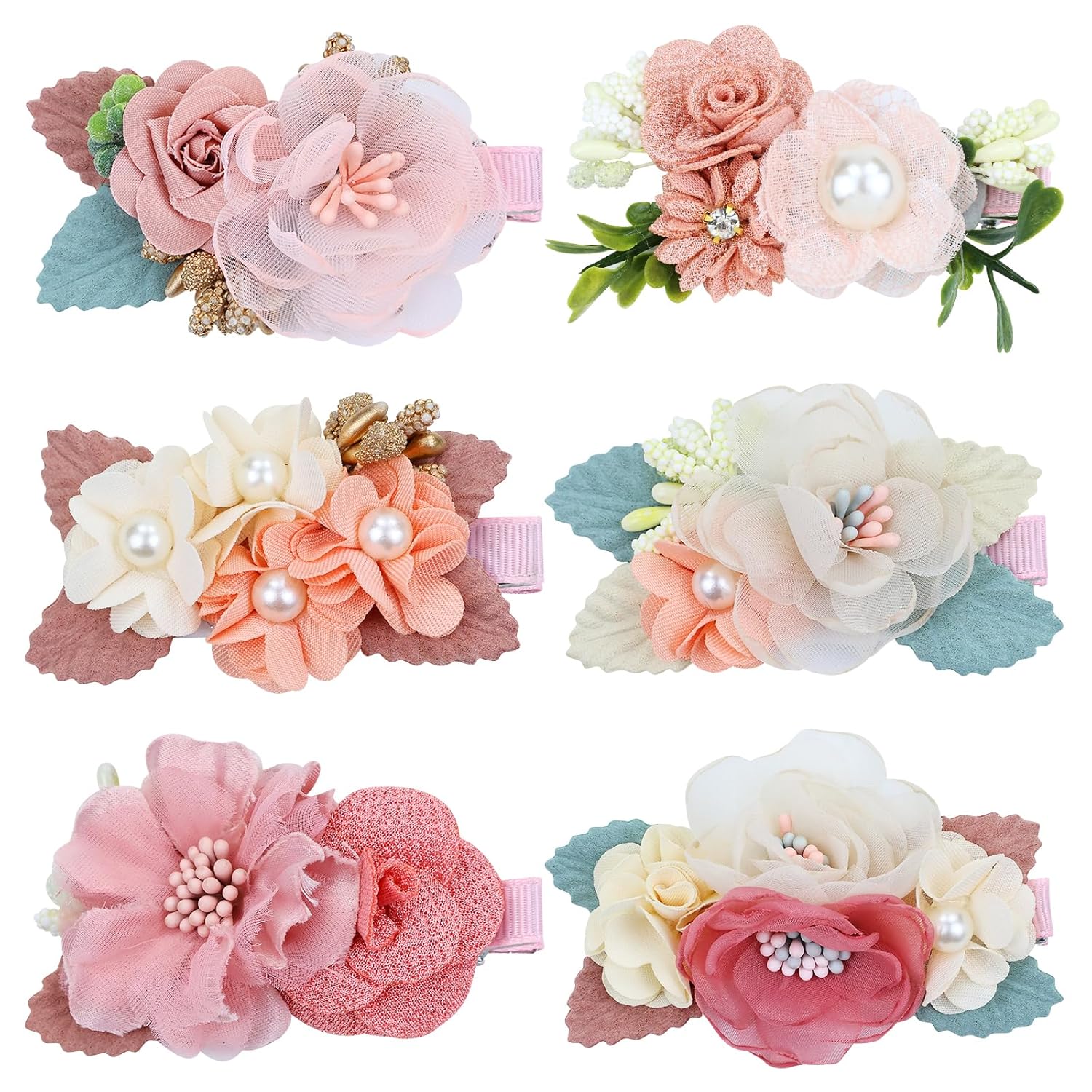 6 Pieces Delicate Handmade Rose Flower Hair Bows Fully Lined Alligator Hair Clips Floral Hair Barrettes Accessories for Baby Girls Toddlers Kids Teens Women (6PCS S8)