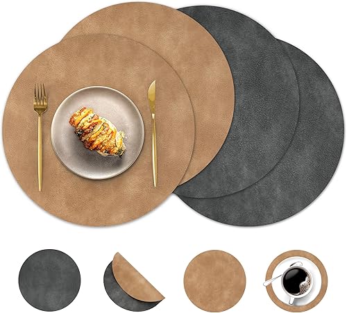 Miniatura 26 de Juego de 6 manteles individuales redondos y posavasos, manteles individuales reversibles lavables de cuero sintético con patrón de cuero de vaca,