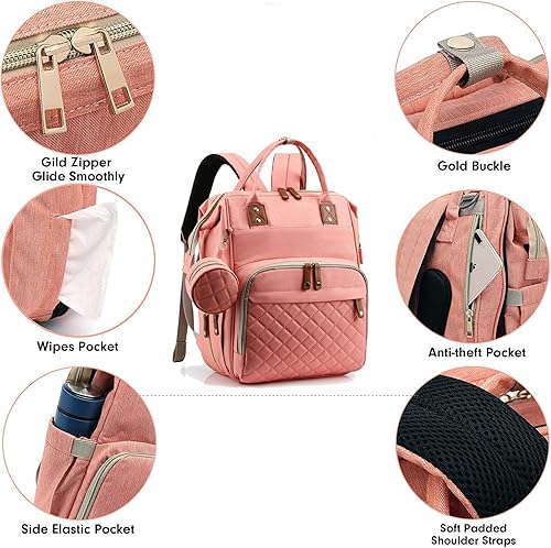 Miniatura 3 de Mochila de pañales para bebé con cambiadores Cama impermeable de viaje 3 en 1 Cuna plegable unisex, Rosado, Classic
