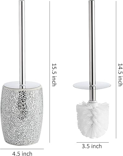 Miniatura 3 de WHOLE HOUSEWARES Juego de escobillas de inodoro moderno (plateado) - Accesorio de baño de mosaico de vidrio con cerdas resistentes y soporte