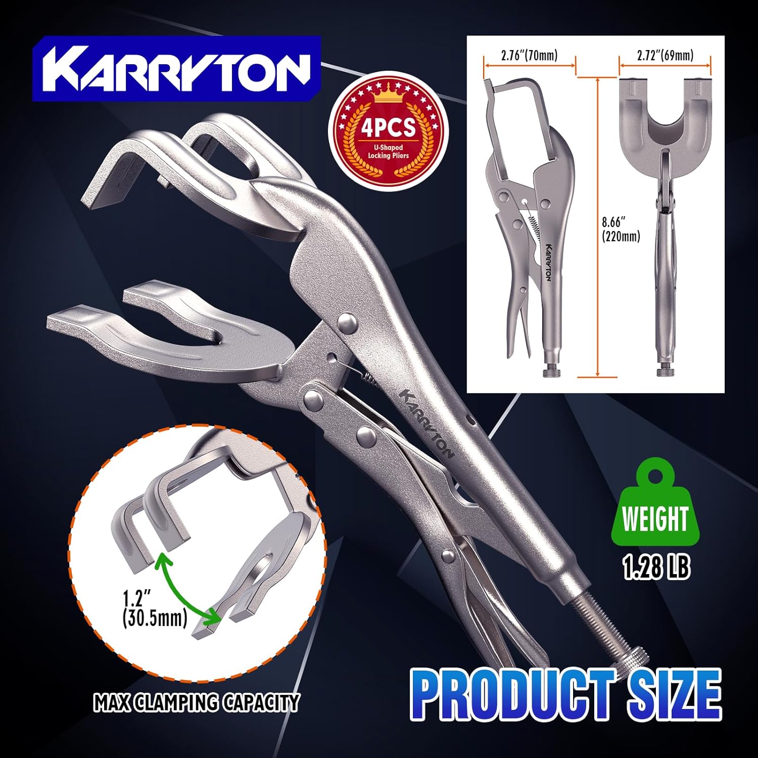 4PCS U-Shaped Locking Pliers, 9 Inch Adjustable Carbon Steel Welding Pliers with Quick Release and Locking Mechanism for Woodworking, Welding & DIY Projects