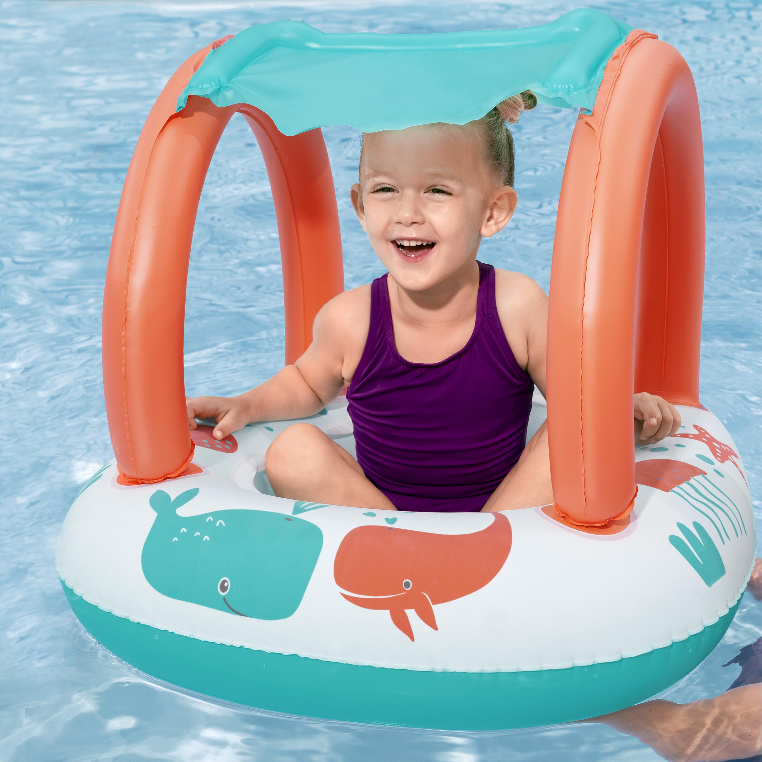 Bestway 33" x 26"/84cm x 67cm Comfort Plush Shaded Baby Boat, Orange/White/Blue whale design - Image 2