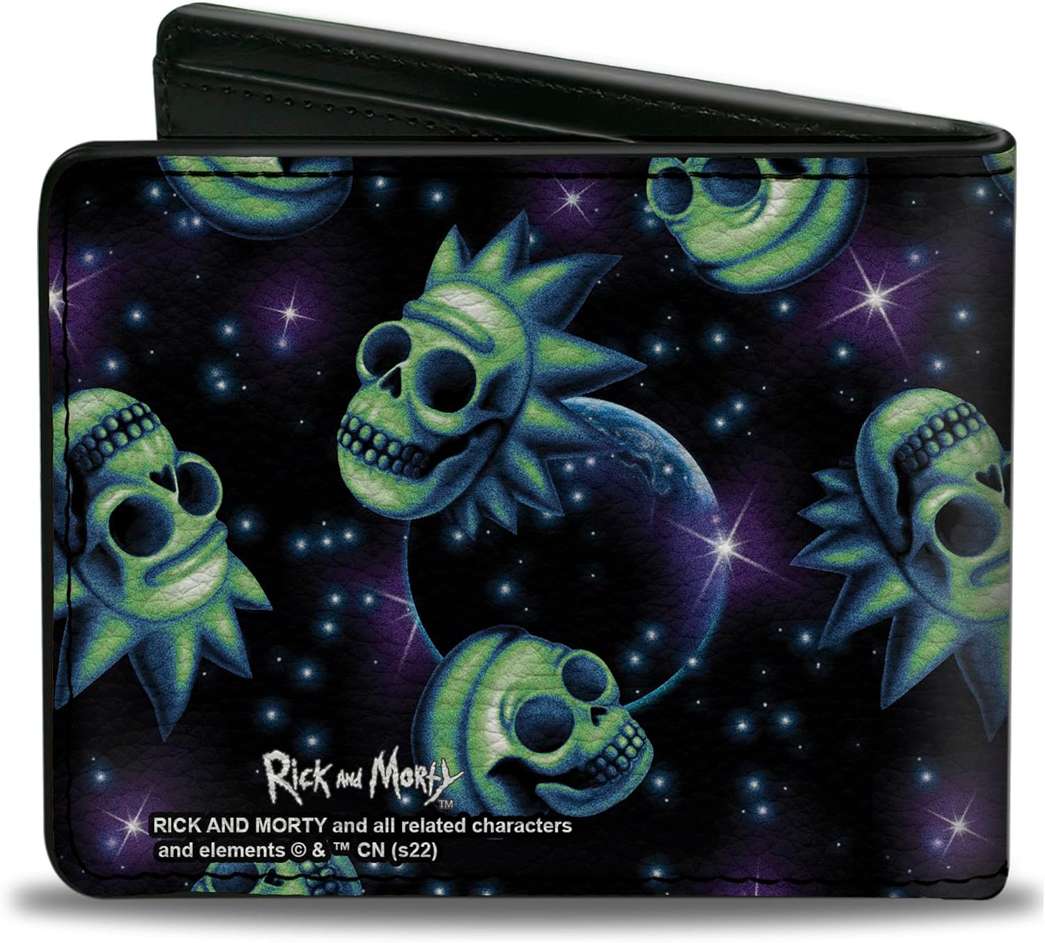 Rick and Morty Wallet, Bifold, Rick and Morty Glow Skull in Space Scattered Black Blues, Vegan Leather
