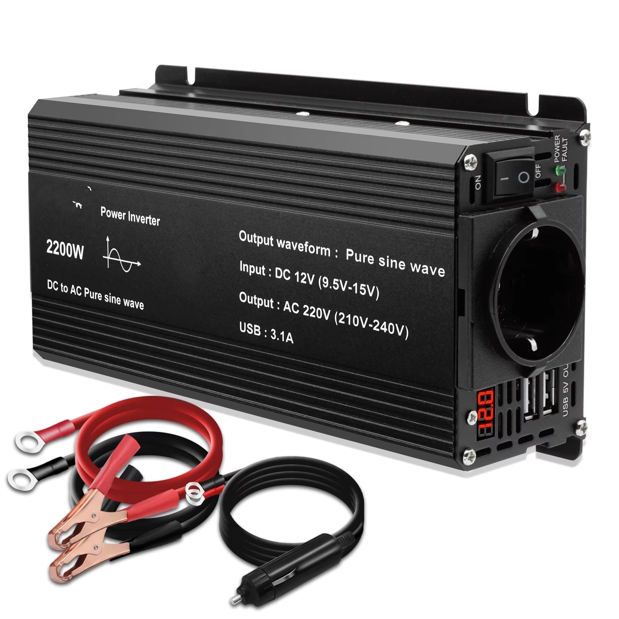 Inversor Inversor Coche 12V Convertidor Onda Sinusoidal Pura Adaptador CC 12V CA 220V 2200W Fuente Alimentación Portátil De Alta Potencia para Coche Onda sinusoidal modificada(Black 12V 2200W)