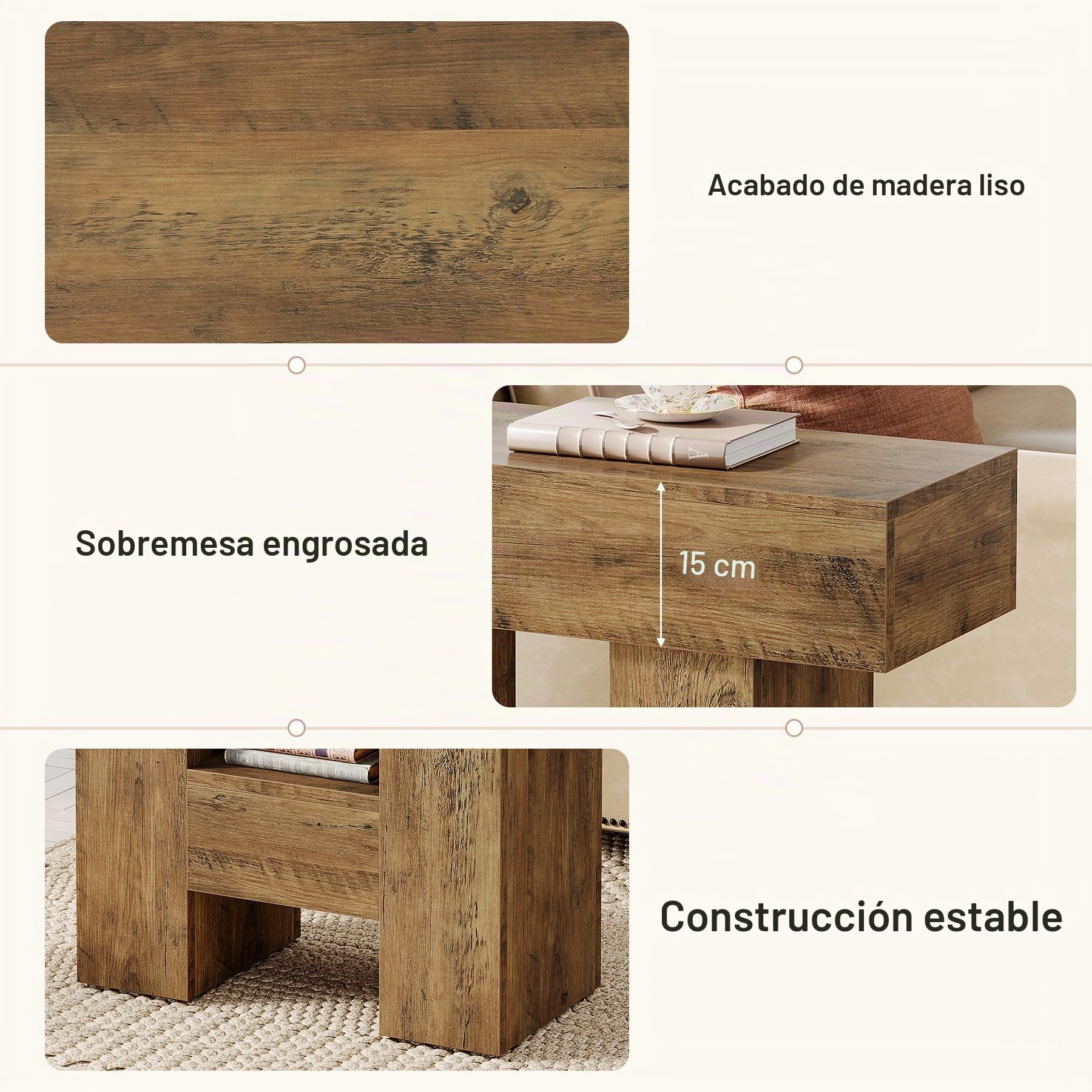 Tribesigns Mesa Auxiliar Estrecha de 2 Niveles, Mesa de Noche Dormitorio Estilo Rústico, Mesita Auxiliar Pequeña para Sala, Base Reforzada