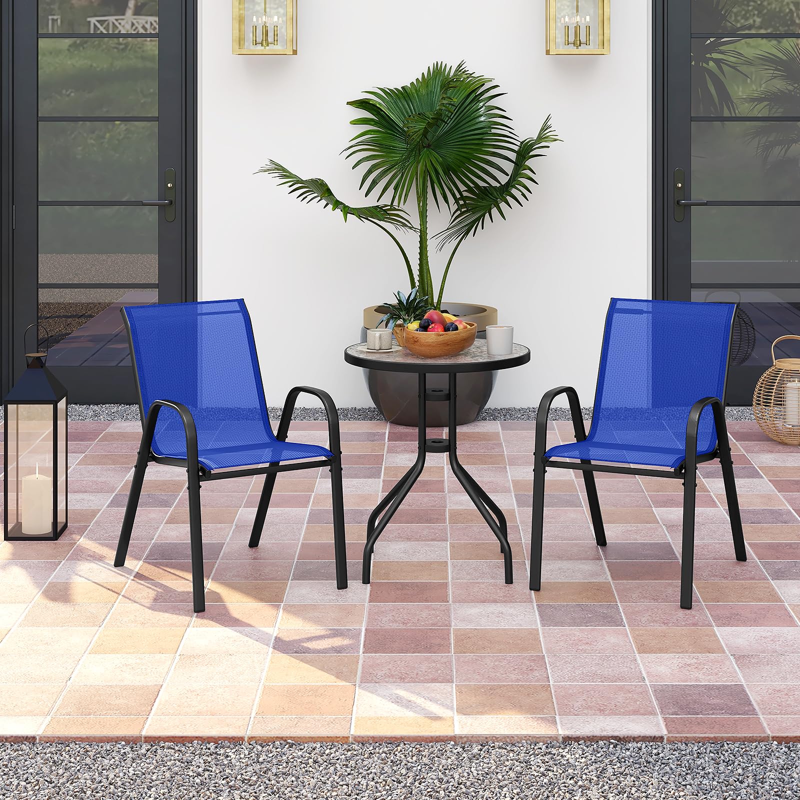COSTWAY Set Mobili da Giardino 3 Pezzi, con Tavolo Rotondo in Vetro Temperato e 2 Sedie in Textilene Traspirante, per Esterno Balcone Giardino (Blu)
