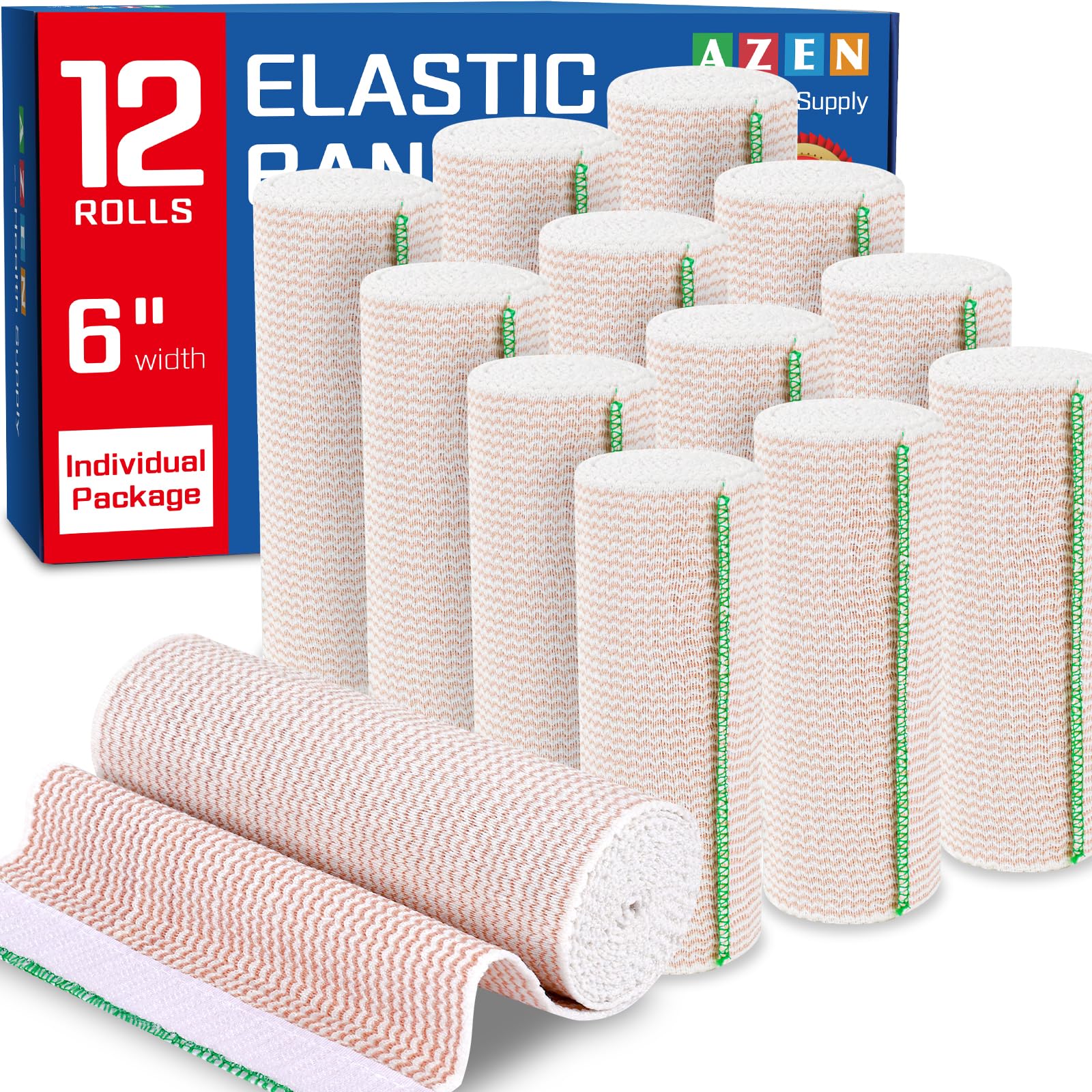 AZEN Premium 12 Pack Elastic Bandage Wrap 6 Inch with Velcro Fastening, Compression Bandages for Legs, Ankle, Knee, Abdomen, Body, Latex-Free, Lymphedema Wraps for Legs