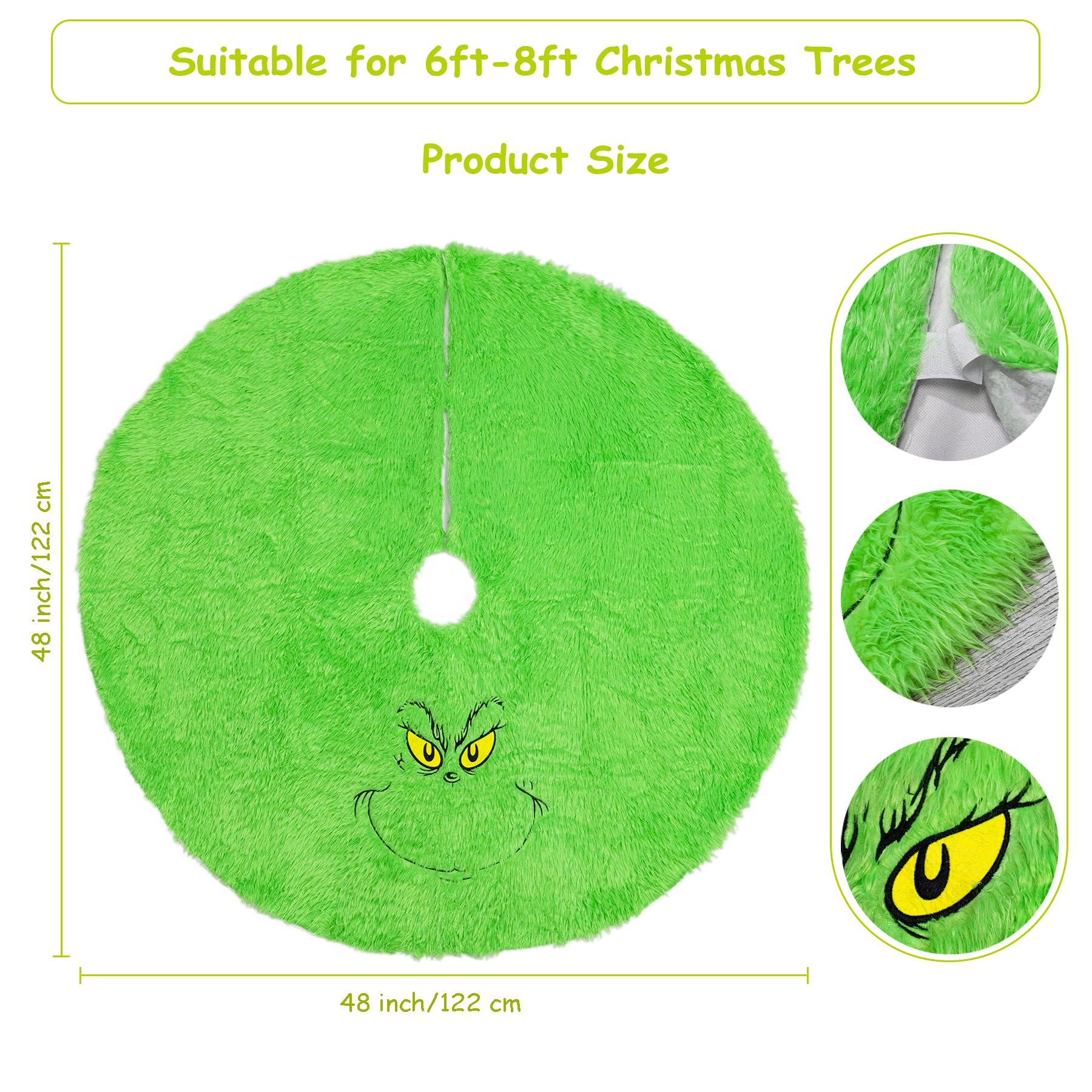 Hismir 48 inch Green Christmas Tree Skirt for 6-7 ft Tree Soft Plush Faux Fur Christmas-Tree-Skirt Funny Velvet Farmhouse Tree Skirt Decorations for Helloween Xmas Holiday Party